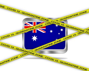 COVID-19 uyarı sarı kurdelesi ile yazılmış: karantina bölgesi Avustralya bayrak illüstrasyonunda 19. Coronavirus tehlikeli bölgesi, karantina bölgesi.