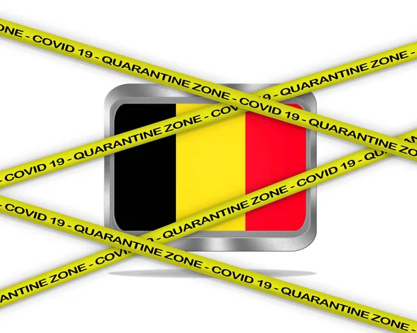 Жёлтая Лента Covid Написана Иллюстрации Флага Бельгии Область Опасности Коронавируса — стоковое фото