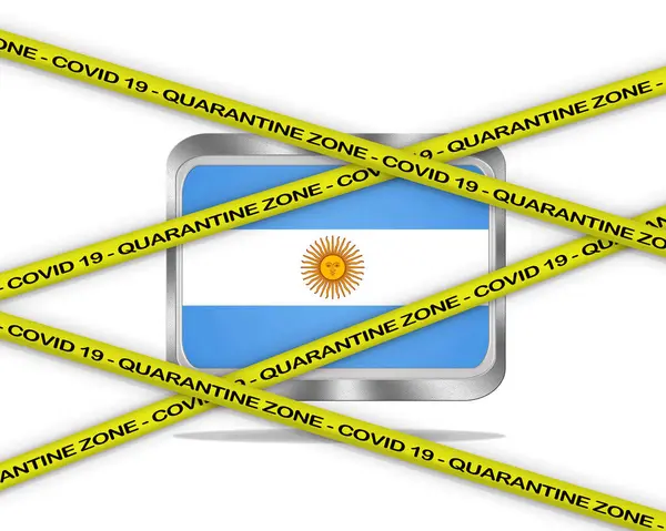 Covid 19で書かれた黄色のリボンに警告 検疫ゾーンアルゼンチンの旗のイラストでカバー19 隔離された国のコロナウイルス危険地域 — ストック写真