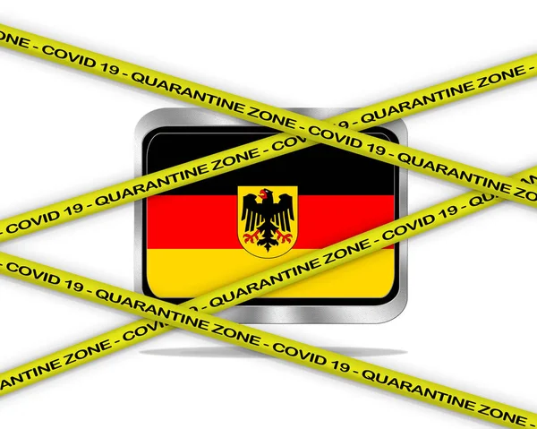 Covid 19警告黄色缎带 德国国旗图上的检疫区覆盖19 Coronavirus危险地区 被隔离的国家 — 图库照片
