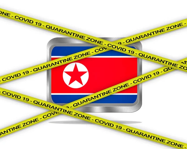 Covid 19警告黄色丝带 隔离区域覆盖19在朝鲜国旗图解上 Coronavirus危险地区 被隔离的国家 — 图库照片