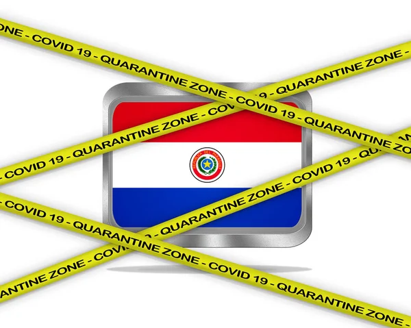 Covid 19警告黄色缎带 巴拉圭国旗图上的检疫区覆盖19 Coronavirus危险地区 被隔离的国家 — 图库照片