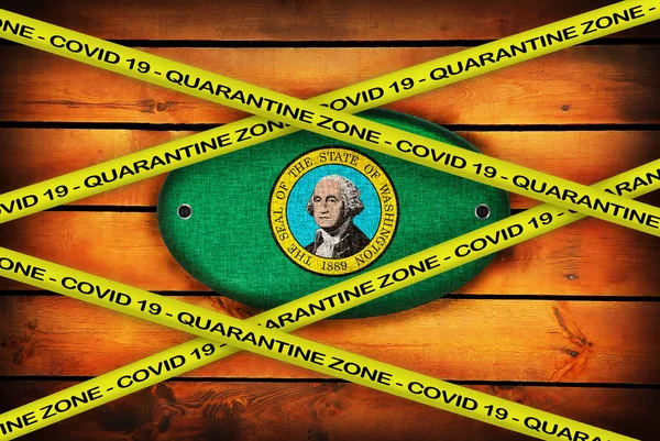 Covid 19で書かれた黄色のリボンに警告 ワシントンの旗イラストの検疫区域カバー19 隔離された国のコロナウイルス危険地域 — ストック写真