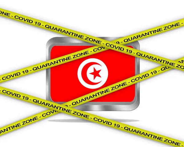 Covid 19で書かれた黄色のリボンに警告 検疫ゾーンチュニジアの旗イラストのカバー19 隔離された国のコロナウイルス危険地域 — ストック写真