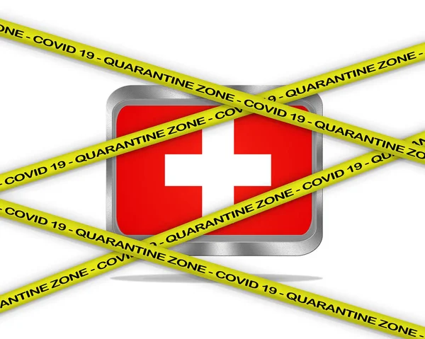 Covid Varning Gult Band Skrivet Med Karantänzon Cover Schweiz Flagga — Stockfoto