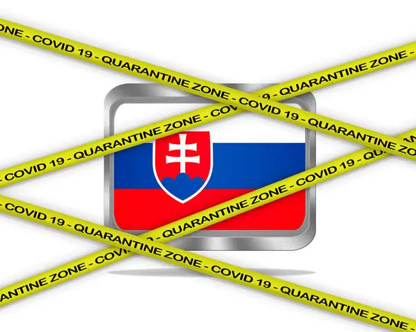 Covid 19で書かれた黄色のリボンに警告 検疫ゾーンスロバキアの旗のイラストでカバー19 隔離された国のコロナウイルス危険地域 — ストック写真