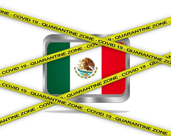 Covid Warning Yellow Ribbon Written Quarantine Zone Cover Mexico Flag — Stock Photo, Image