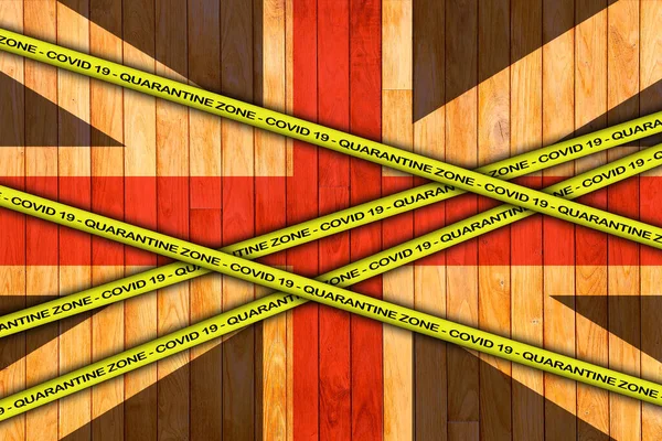 Covid Warning Yellow Ribbon Written Quarantine Zone Cover United Kingdom — Stock Photo, Image