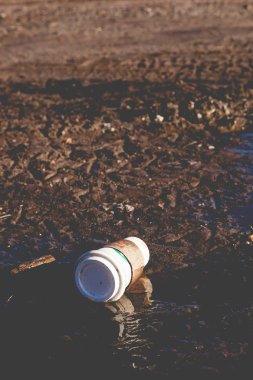 Starbuck kahve fincanı çamurlu su birikintisi içinde