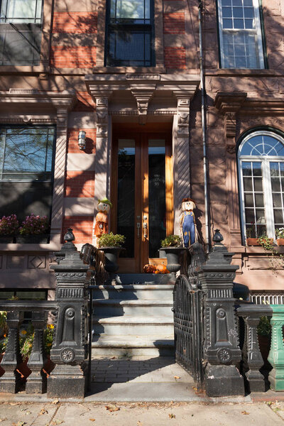 HOBOKEN, NEW JERSEY - October 27, 2017: The beautiful brownstones along Garden Street are decorated for Halloween