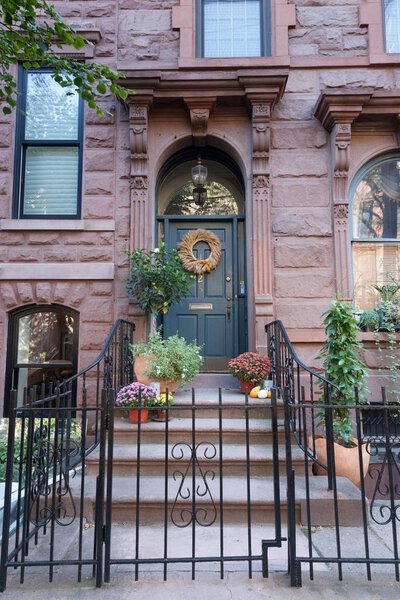 HOBOKEN, NEW JERSEY - October 27, 2017: The beautiful brownstones along Garden Street are decorated for Autumn