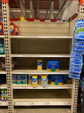 WOODBRIDGE, NEW JERSEY / USA - 4 Mart 2020: Coronavirus 'un panikle satın aldığı bu yerel süpermarkette Clorox ve diğer dezenfekte edici bez sergisi neredeyse boş. Sadece illüstrasyon kullanımı.
