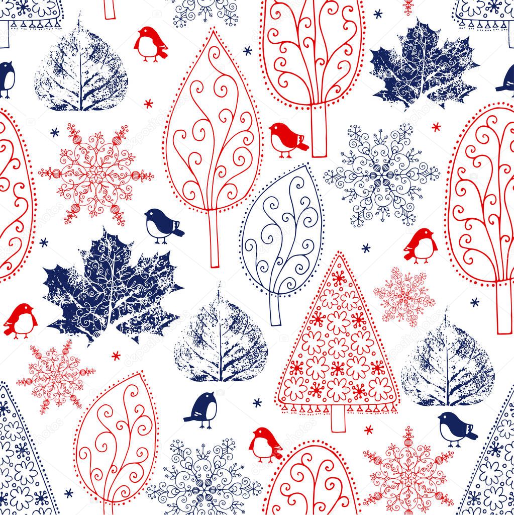 hand drawn trees and snowflakes seamless pattern