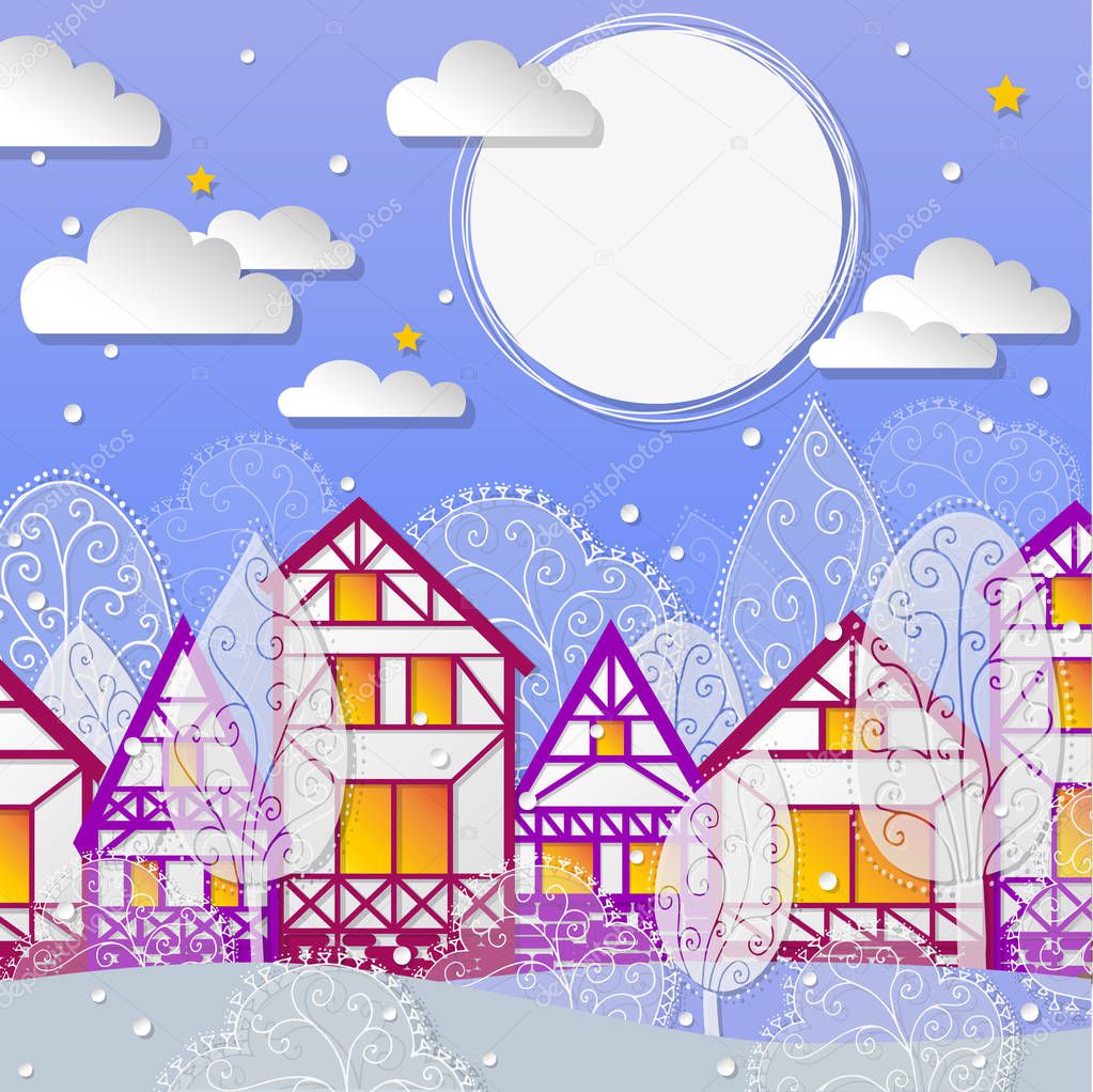 winter night paper background with houses and moon