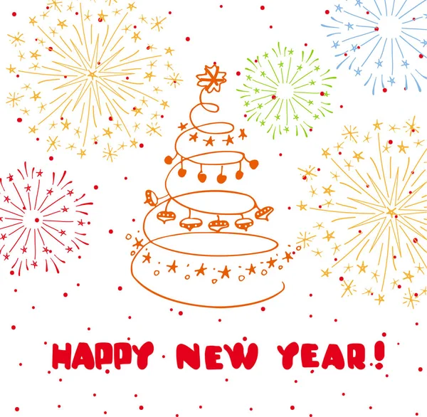 Feliz Año Nuevo tarjeta de felicitación con fuegos artificiales — Vector de stock