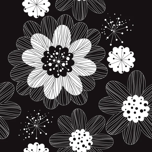 Floral Negro Blanco Vector Flores Patrón Sin Costuras — Vector de stock