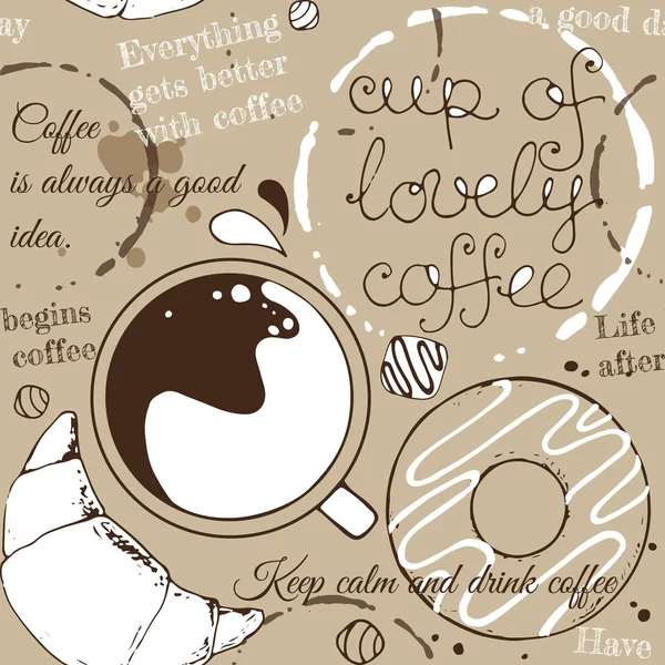 コーヒーとクッキー、コーヒー飛ぶシームレス パターン — ストックベクタ