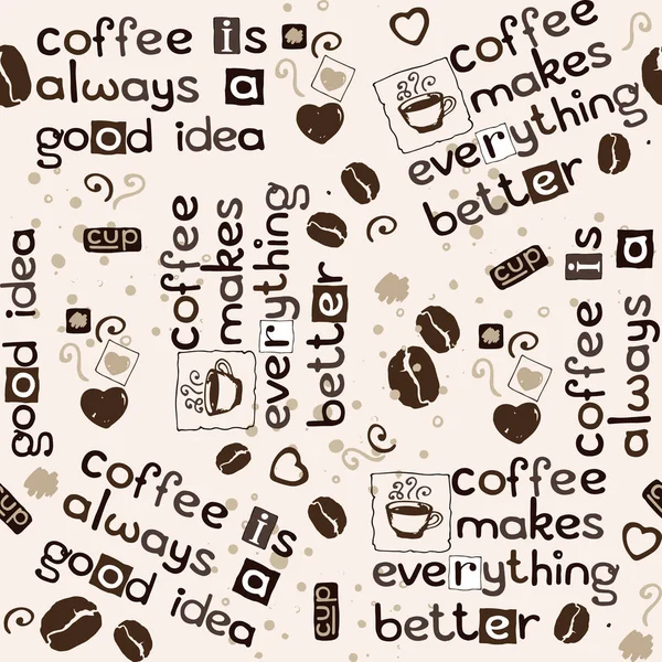 Coffee beans, hearts and lettering seamless pattern — Stock Vector