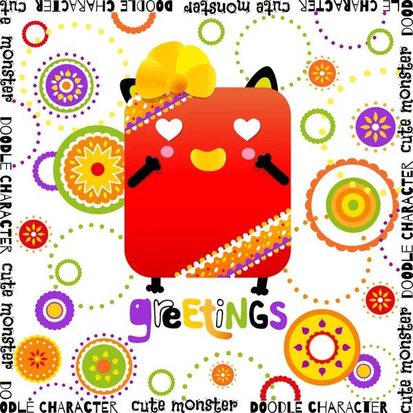 Doodle cute greeting monster — Stock Vector