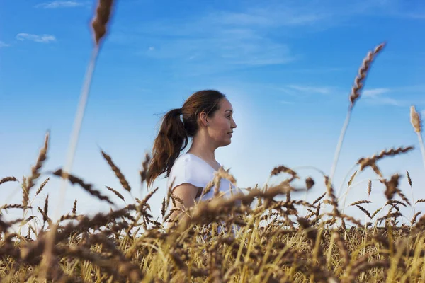 Mulher feliz no campo de trigo. O conceito de liberdade — Fotografia de Stock