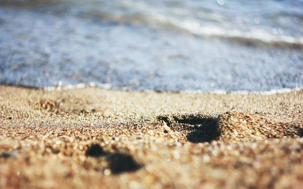 Voetafdrukken op nat zand die leidt tot de zee, close-up — Stockfoto