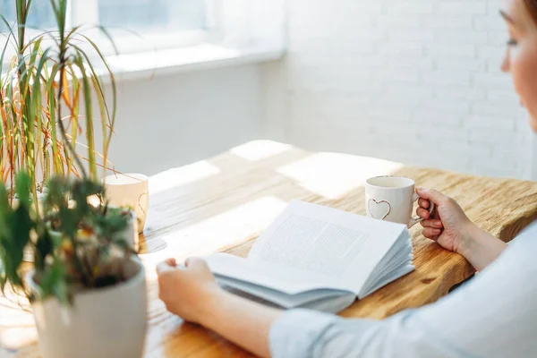 Freundlich Charmante Brünette Frau Liest Buch Tisch Hellen Interieur — Stockfoto