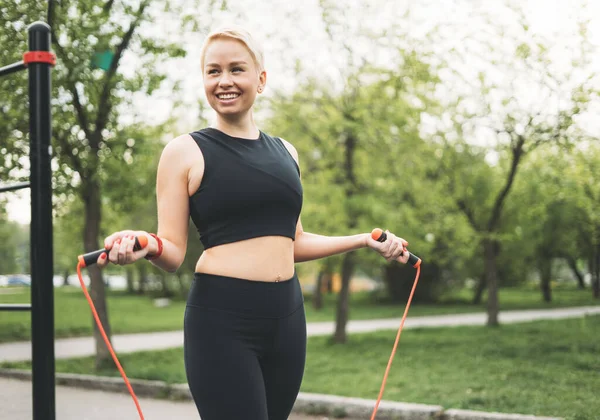 Attractive Fit Young Woman Sport Wear Training Skipping Rope Street — Stock Photo, Image