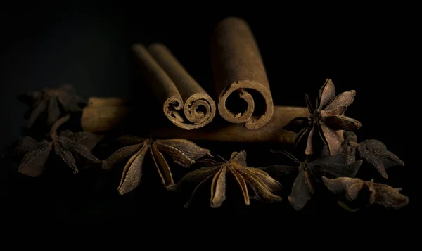 Anis estrelado e canela sobre fundo preto — Fotografia de Stock