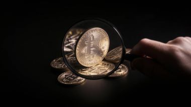 Büyüteç tutarak ve içinden yeni sanal para altın bitcoin üzerinde seyir tanınmaz kişi bir siyah arka plan üzerine yerleştirilen.