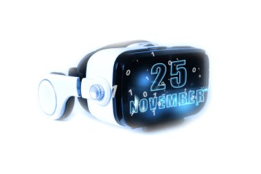 25 Kasım 'da. Ayın 25 'i, takvim tarihi ay ve gün sanal gerçeklik kaskında ya da VR gözlüklerinde parlar. Sanal teknolojiler, gelecek, 3 boyutlu gerçeklik, sanal takvim. Planlama. Zaman yönetimi. Bir set 