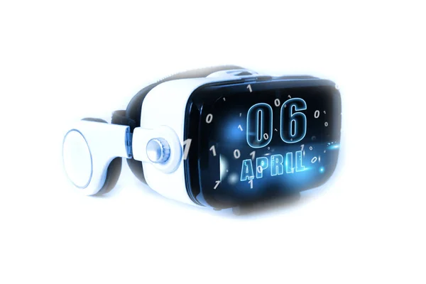 6 aprile. Il giorno 6 del mese, la data del calendario mese e giorno risplende sul casco della realtà virtuale o sugli occhiali VR. Tecnologie virtuali, futuro, realtà 3D, calendario virtuale. Pianificazione. Gestione del tempo. Set di calen — Foto Stock