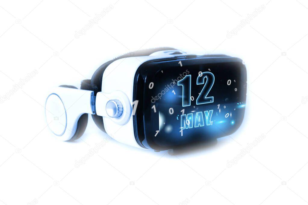 may 12th. Day 12 of month,calendar date month and day glows on virtual reality helmet or VR glasses. Virtual technologies, future, 3D reality, virtual calendar. Planning. Time management. Set of calen