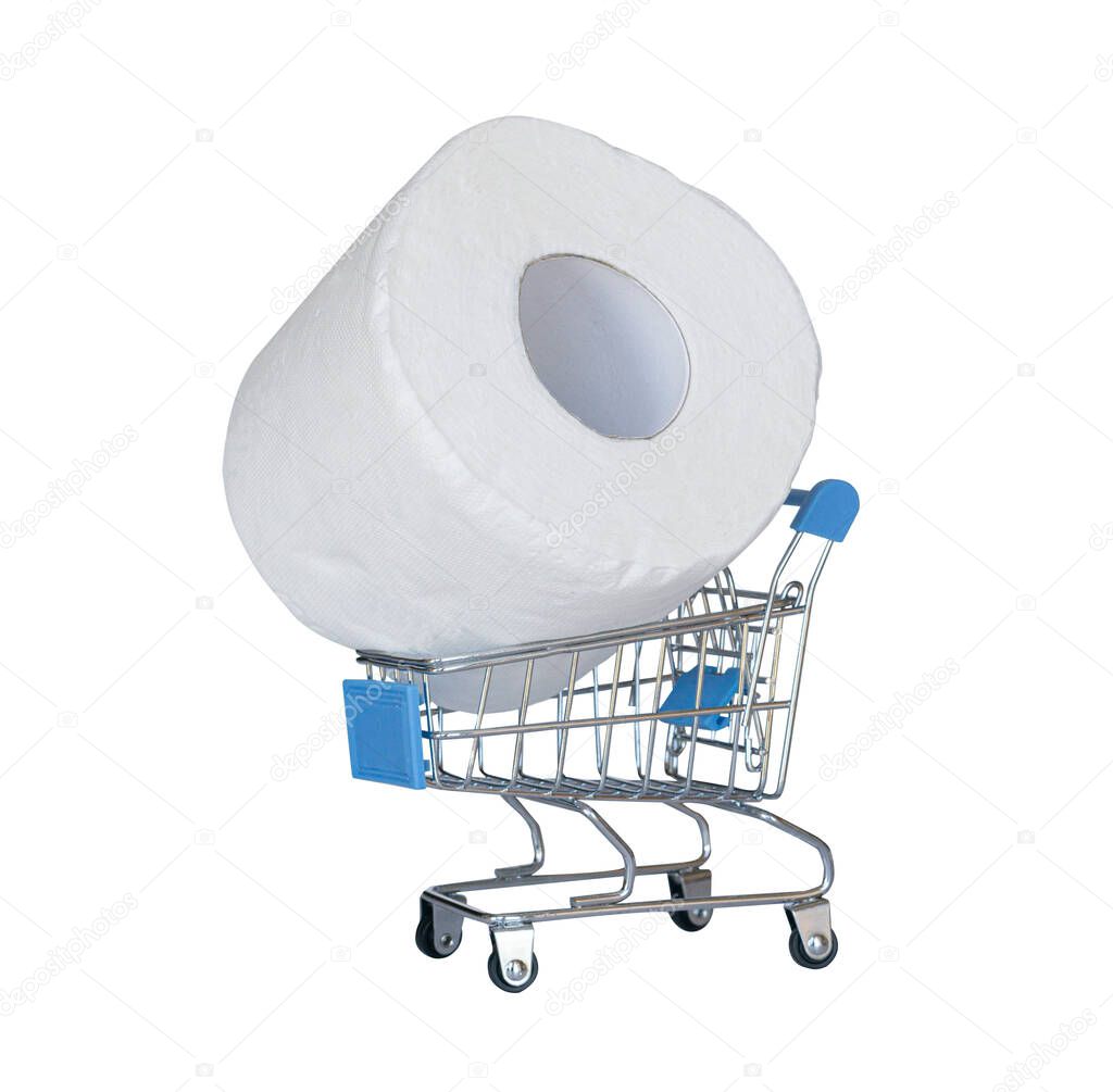 a roll of toilet paper in a shopping cart as a symbol of consumer panic and the disappearance of essential goods from stores. Sale concept.