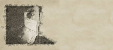 Medikal maskeli, sade bir anahtar takmış bir adamın robot resmi. Dünya çapında bir trajedi. COVID-19 virüs salgını uyarısı