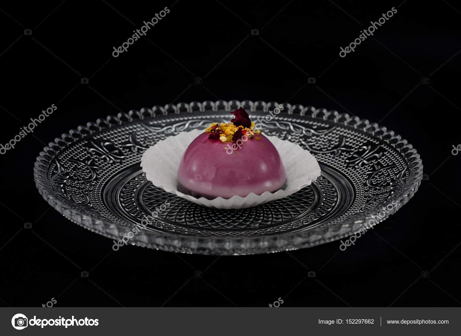 Cherry Red Pink Mini Mousse On A Glass Vintage Plate With Mirror Cherry Red Pink Mini Mousse On A Glass Vintage Plate With Mirror Reflection Photo By Vstasii