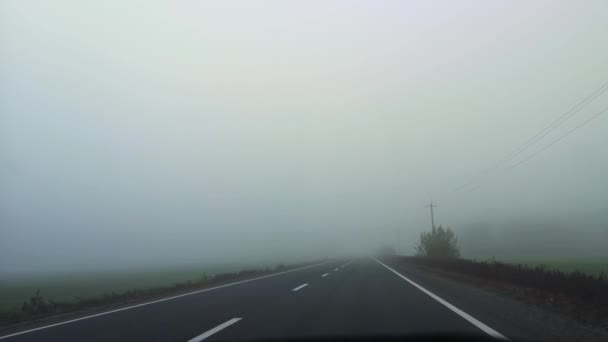 Foggy Väg Och Vägmarkeringar Horisontell Bild Dålig Sikt — Stockvideo