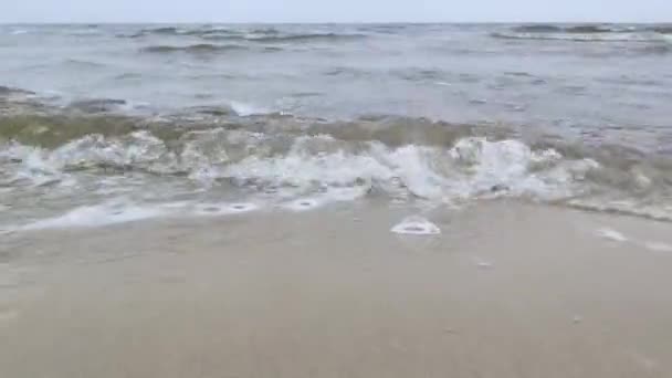 Golven Rollen Aan Land Laten Schuim Achter Het Grijze Landschap — Stockvideo