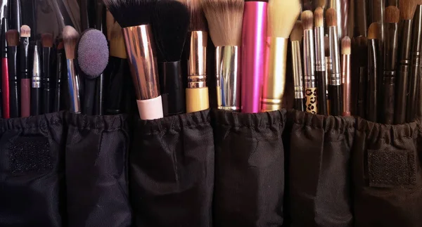 Makeup brushes, different in size and shape. Case makeup artist. Mobile photo