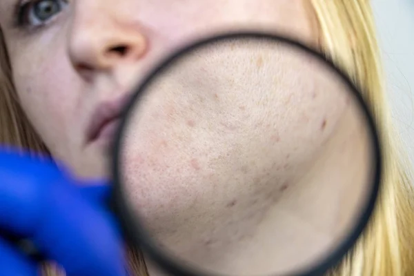 Trądzik Pod Szkłem Powiększającym Skóra Bliznami Trądziku Kobieta Spotkaniu Dermatologiem — Zdjęcie stockowe