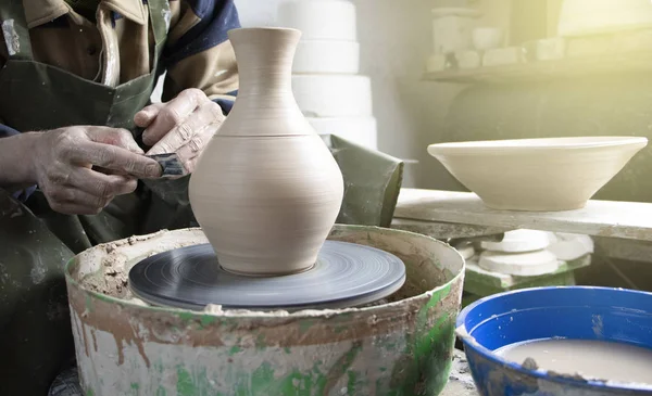 Hands Potter Pottery Wheel Close Old Traditional Art Handmade Clay — Stock Photo, Image