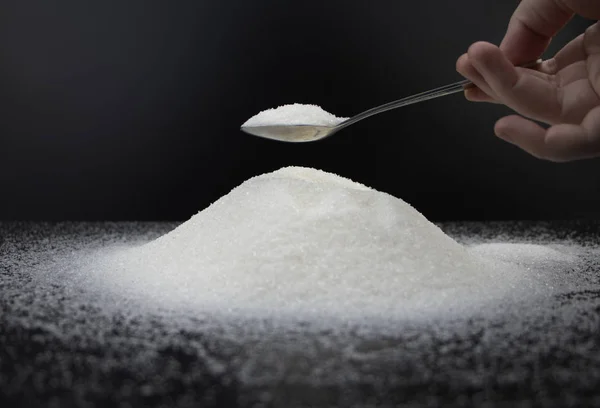 Spoon Sugar Black Background Concept Addiction Sweets Macro Photo Granulated — Stock Photo, Image