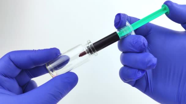 Syringe Test Tube Close Doctor Does Blood Sampling Laboratory Blood — Stock Video