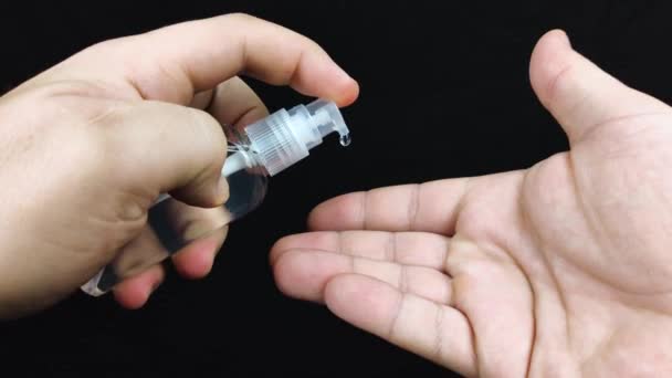 Left Hand Vial Antiseptic Gel Squeezes Alcohol Preparation Right Hand — Stock Video