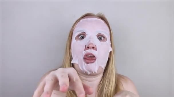 Cheerful Funny Girl Fooling Grimacing Moisturizing Face Mask Morning Beauty — Stock Video