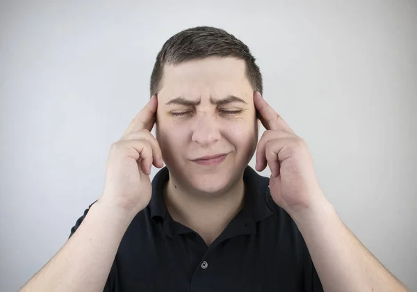 Man Holds His Head His Hands Sensation Headache Migraine Dizziness — Stock Photo, Image