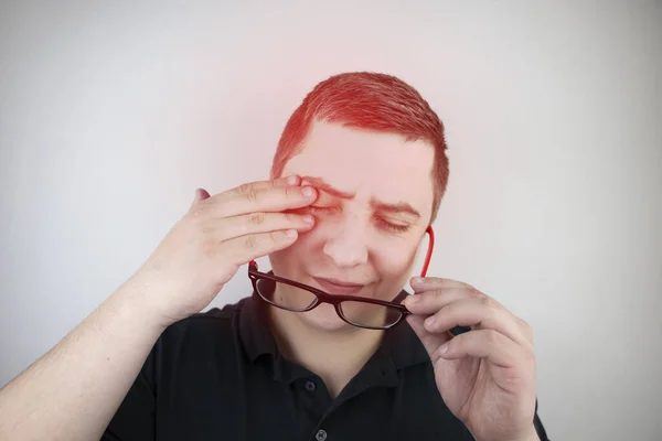 Man Rubs His Tired Eyes His Hands White Background Concept — Stock Photo, Image
