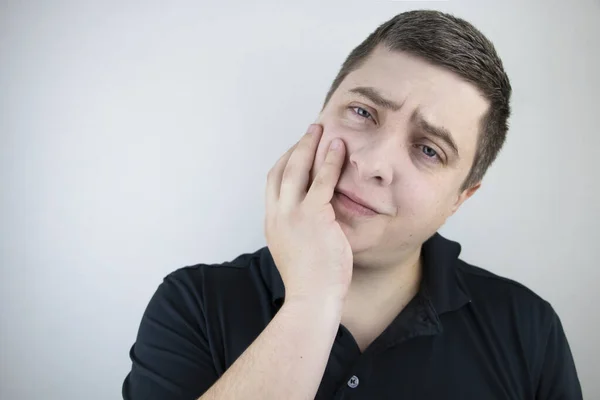 Muž Lepí Tvář Škubne Bolestí Zubech Koncept Zubních Potíží Zubního — Stock fotografie