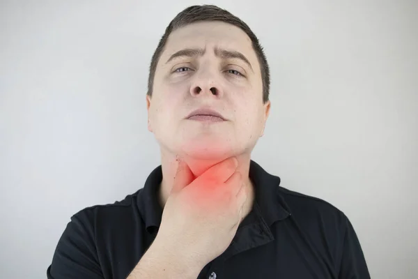 Man Touches Sore Throat Neck Twists Irritation Inflammation Sore Throat — Stock Photo, Image