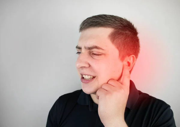 Man Suffers Pain Ear Auditory Meatus Hurts Due Otitis Media — Stock Photo, Image