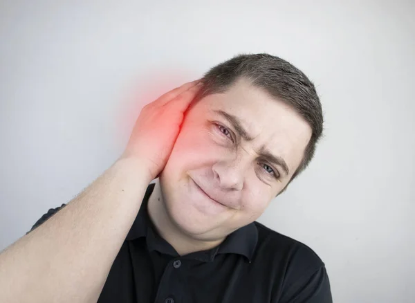 Homem Sofre Dor Ouvido Meato Auditivo Dói Devido Otite Média — Fotografia de Stock